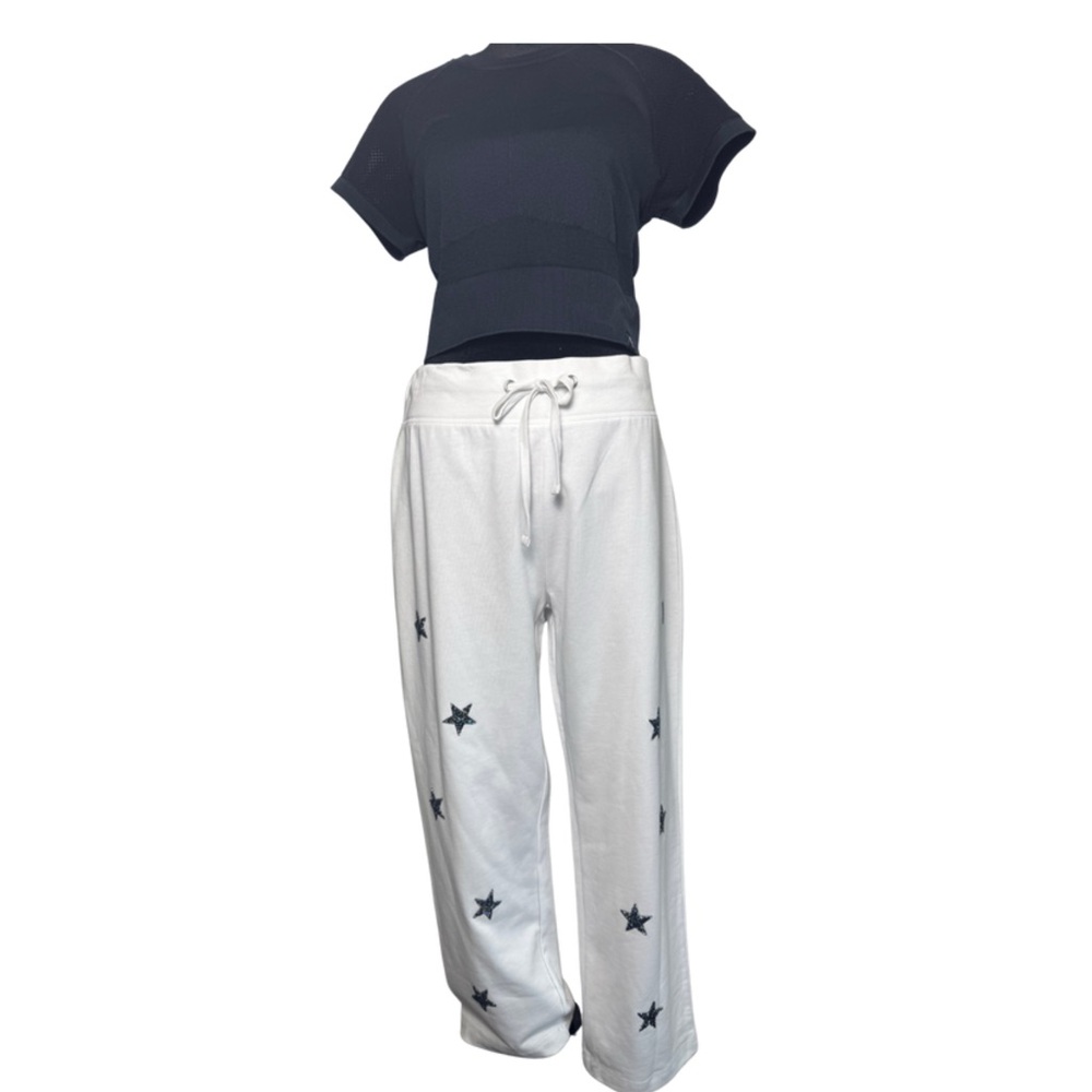 Tia cropped White & Blue Star Print Sweatpants Size Large